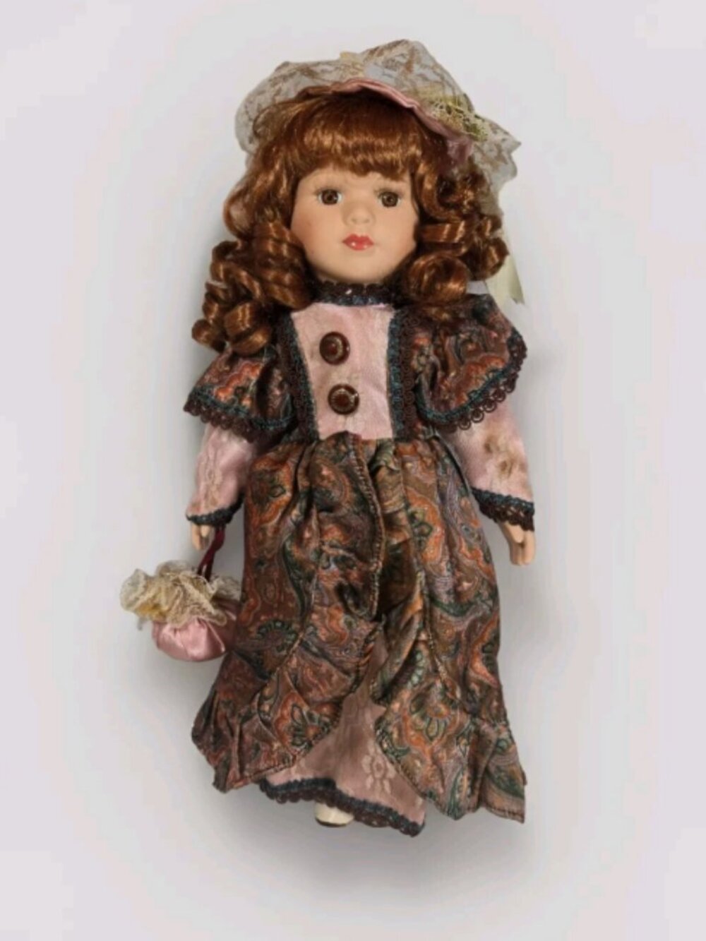 Vintage Porcelain Doll 16" Curly Red Hair Brown Eyes Pink Dress Collectible